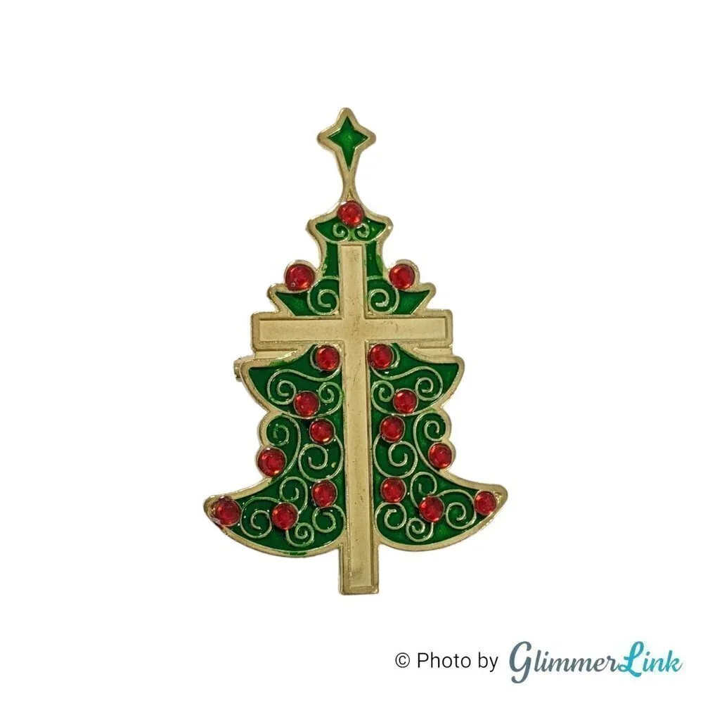 Christmas Tree Cross Red Rhinestones Holiday Religious Brooch